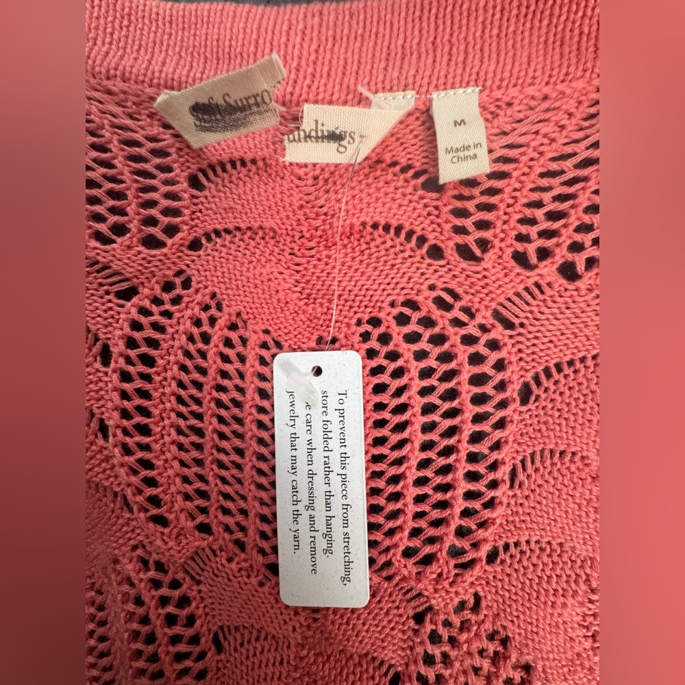 New Soft Surroundings Coral Crochet Long Open Cardigan Duster Size M Boho Mesh - Picture 7 of 8